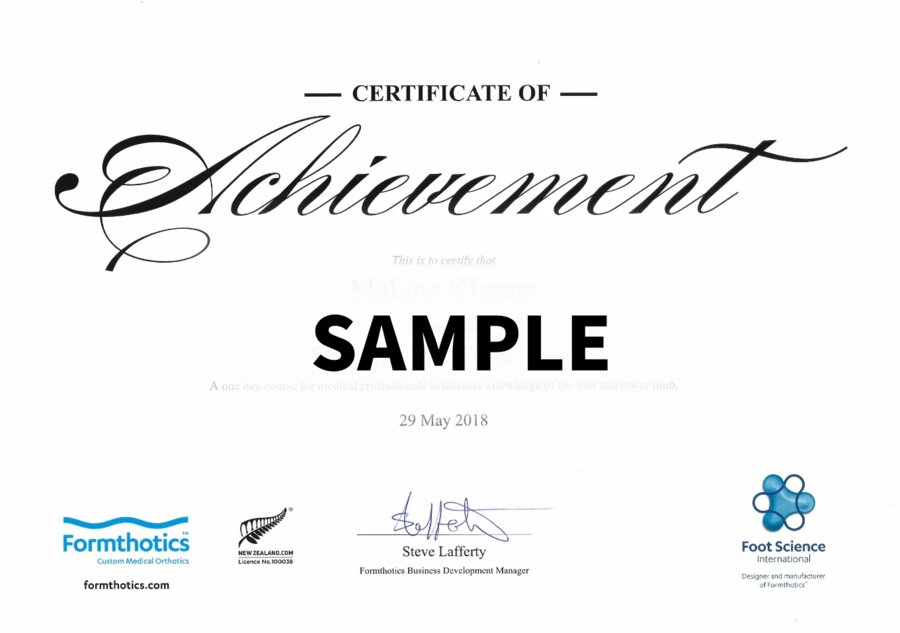 Foot Science International社が発行する Certificate of Achievement の認定証サンプル